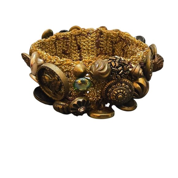 Vintage 80s Stretchy Fabric Hand Sewn Assorted Vintage Button Bracelet (A8715) - Picture 2 of 6